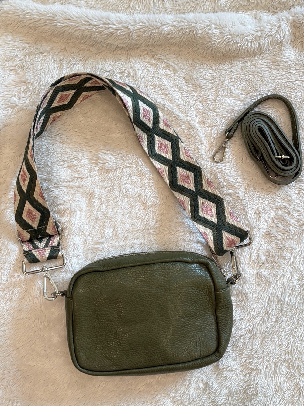 Genuine Leather Italian Olive Green Crossbody Bag with Patterned Strap